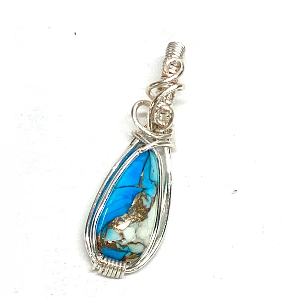 Handcrafted Blue Dahlia Turquoise Composite Cabochon Hand Wrapped Pendant, Gift